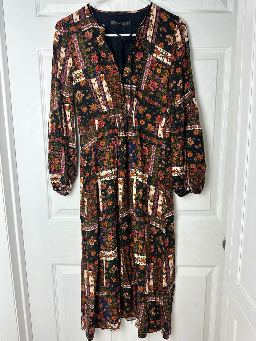 ZARA Bohemian Floral Patchwork Midi Dress - Black Multi Sz:S - Picture 2 of 6